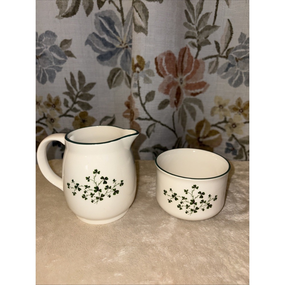 Carrigdhoun Pottery Shamrock Creamer & Sugar Bowl From Cork Ireland